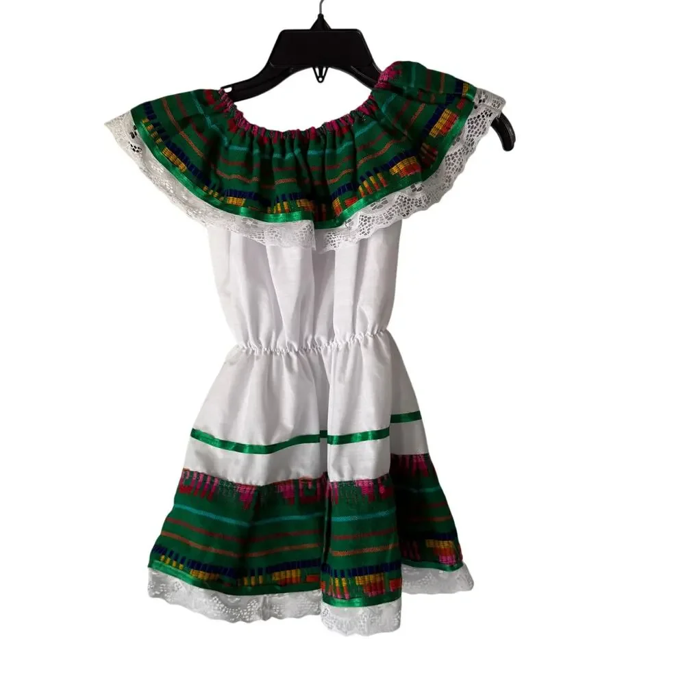 Traditional Mexican Girl’s Folklorico Dress Size‎ 3 – Green & White, Lace Trim